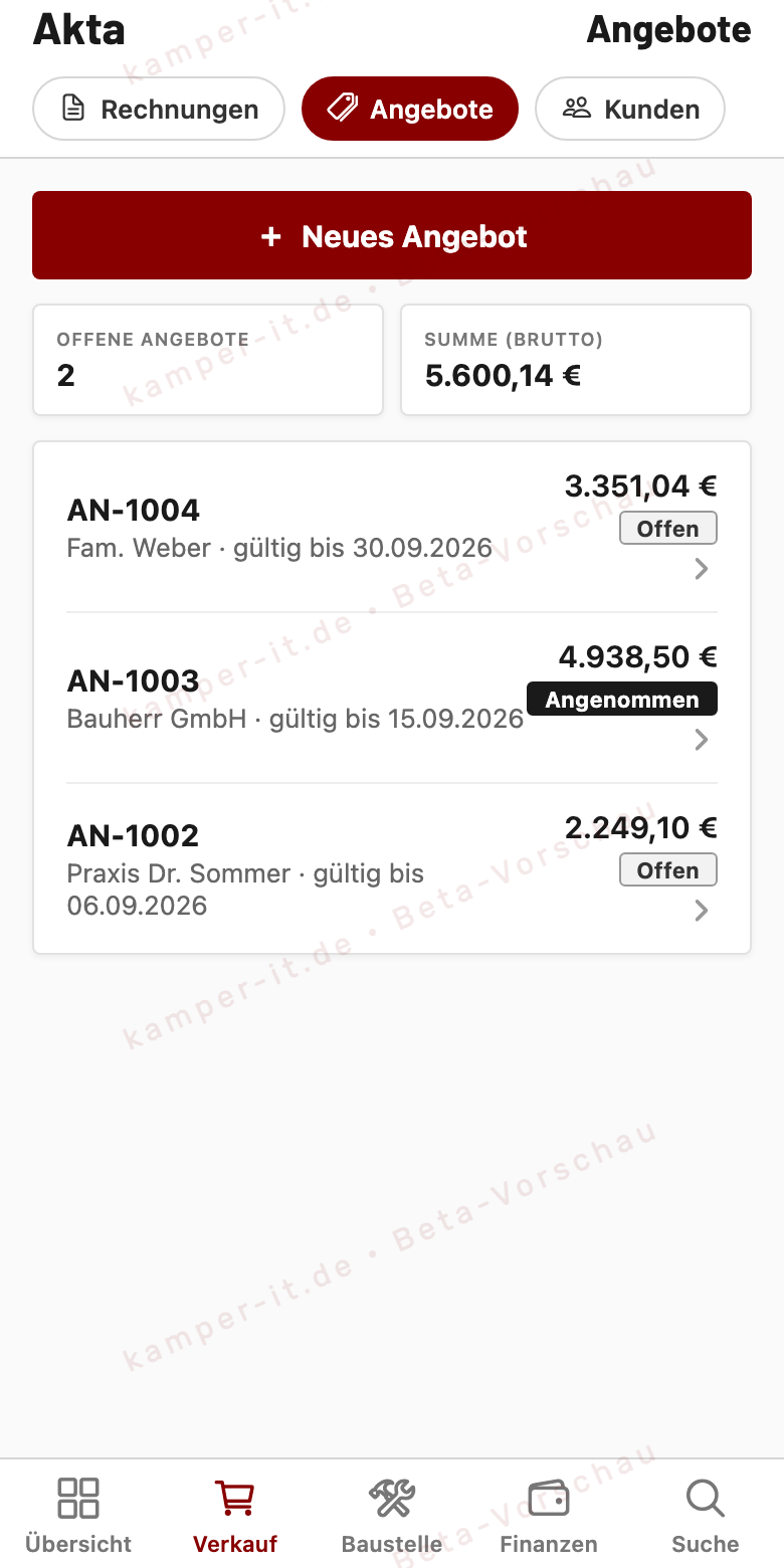 Akta-Angebotsliste mit offenen und angenommenen Angeboten