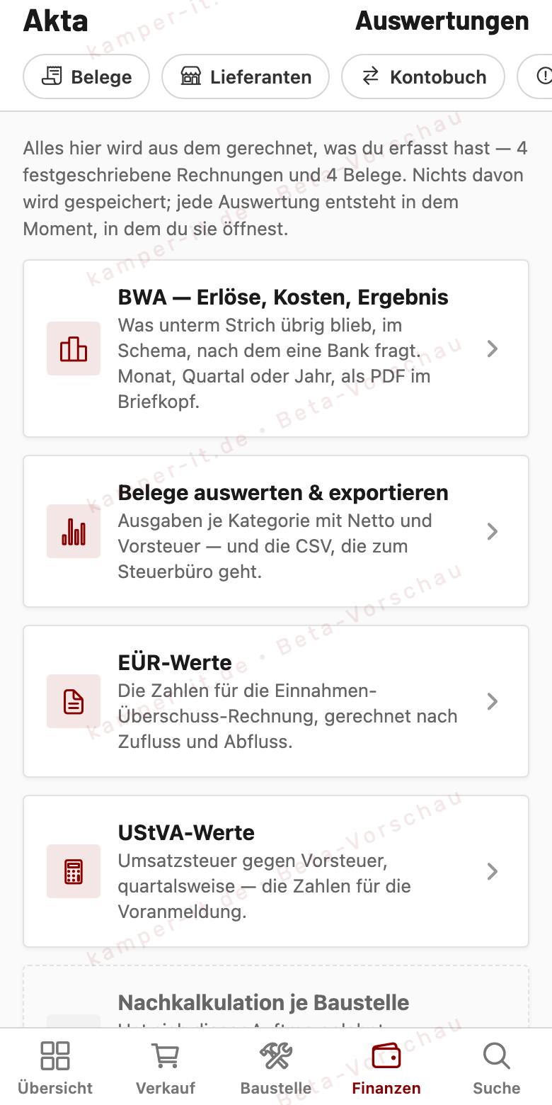 Akta-Auswertungen: BWA, EÜR-Werte, UStVA-Werte, Beleg-Export