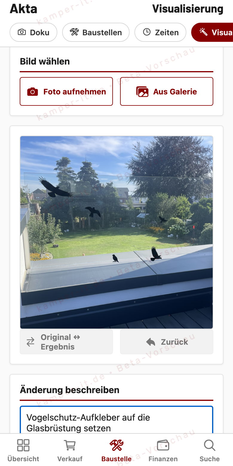 Akta-Visualisierung: Foto wählen, beschreiben, Ergebnis ans Angebot anhängen