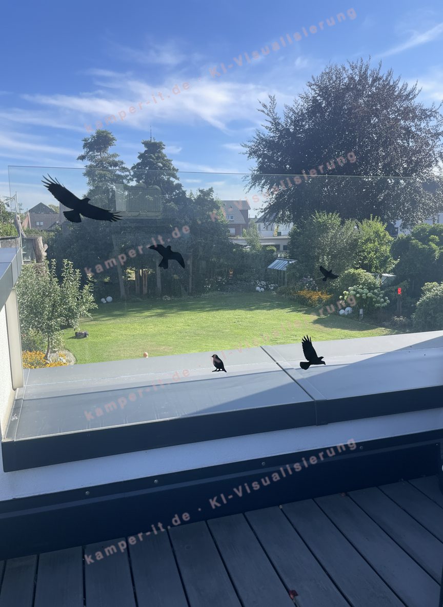 Echte KI-Visualisierung: Glasbrüstung mit visualisierten Vogelschutz-Aufklebern